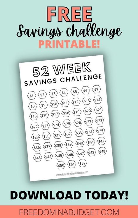 Free 52-Week Savings Challenge Printable! 52 Week Envelope Challenge, Motivation To Save Money, 52 Week Money Saving Challenge Printable, Savings Challenge Template, Money Saving Challenges, 52 Week Money Saving Challenge, 52 Week Money Challenge, Challenge Template, Ways To Stay Motivated