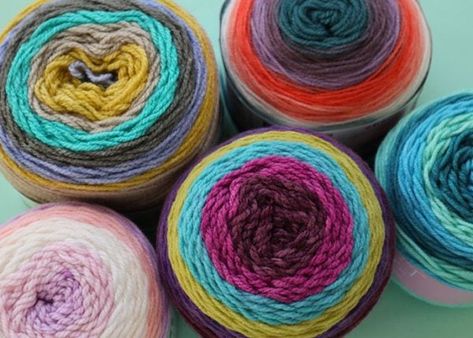 Self-Striping Yarn Cakes – Which brand do I choose? Pattern Ideas Cakes Red Velvet, Bernat Velvet, Yarn Cakes, Velvet Crochet, Caron Cakes, Mandala Yarn, Scrap Yarn Crochet, Yarn Balls, Crochet Shawl Pattern Free