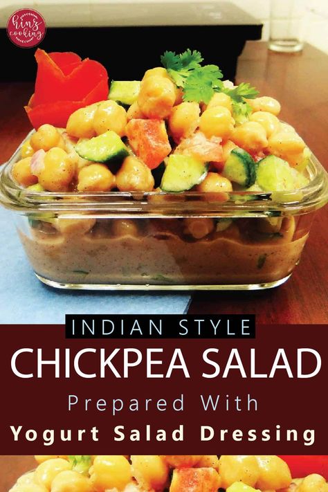 rectangular bowl of chickpeas with veggies and yogurt salad dressing Yogurt Salad Dressing, Chana Salad, Salad Indian, Yogurt Salad, Winter Salads, Recipes With Naan Bread, Power Salad, Chickpea Salad Recipes, Salad Recipes Video