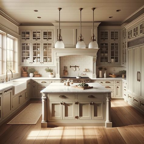 taupe farmhouse kitchen cabinets Kitchen Cabinets Antique White, Sw Beige Cabinets, Detailed Kitchen Cabinets, Small Taupe Kitchen, Classic Cream Kitchen, French Cottage Kitchen Cabinets, Taupe And Cream Kitchen, Kensington Taupe Cabinets, Taupe Of The Morning Kitchen Cabinets