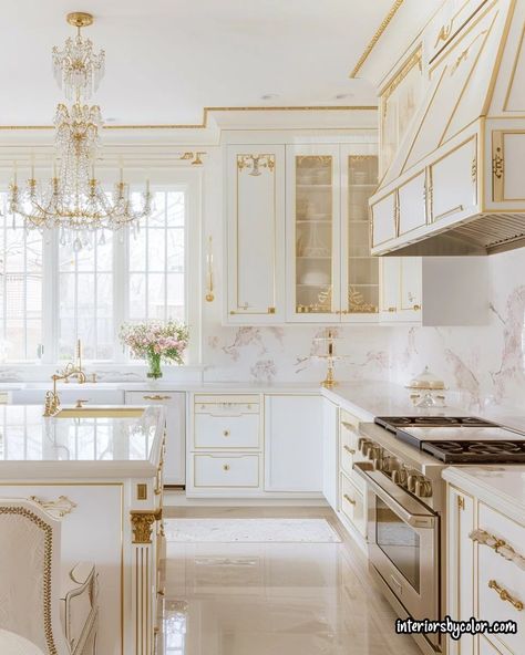 White Kitchen with Gold Accents - Interiors By Color White And Gold Utility Room, Cream And Gold Kitchen, White Kitchen With Gold Accents, White And Gold Kitchen Ideas, Kitchen Countertops White Cabinets, Kitchen With Gold Accents, Quartzite Kitchen Countertops, White And Gold Kitchen, Gold Kitchen Hardware