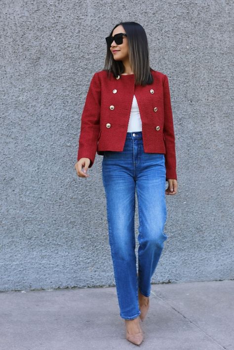 Red Wool Blazer Outfit, Tweed Sweater Outfit, Red Cropped Jacket Outfit, Red Boucle Jacket Outfit, Red Wool Jacket Outfit, Short Red Coat Outfit, Red Tweed Blazer Outfit, Navy And Red Outfit, Red Tweed Jacket Outfit