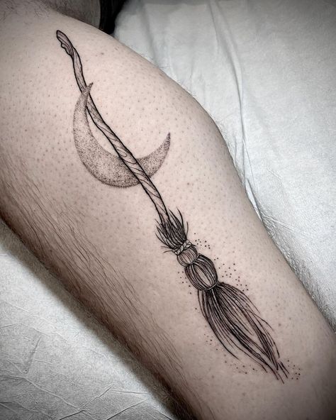 Witch Broom Tattoo Small, Broomstick Drawing, Witch Broom Tattoo, Broomstick Tattoo, Broom Tattoo, Laurel Tattoo, Soul Sister Tattoos, Witchcraft Tattoos, Trident Tattoo