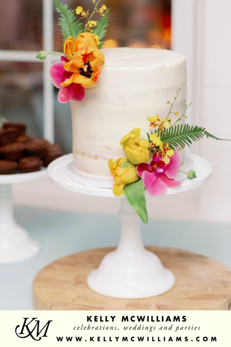 Tropical Cake Wedding, Tropical Theme Wedding Cake, White Cake With Bright Flowers, Tropical Bridal Shower Cake, Tropical Theme Cake Simple, Small Tropical Wedding Cake, Simple Tropical Wedding Cake, Simple Tropical Cake, Island Theme Cake