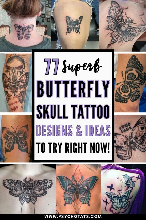 Butterfly Skull Tattoo Butterfly Skull Tattoo For Women, Butterfly With Skull Tattoo, Skull And Butterfly Tattoo, Butterfly Skull Tattoo, Skull Tattoo Ideas, Skull Butterfly Tattoo, Ethereal Butterfly, Nature Tattoo Sleeve, Skull Butterfly