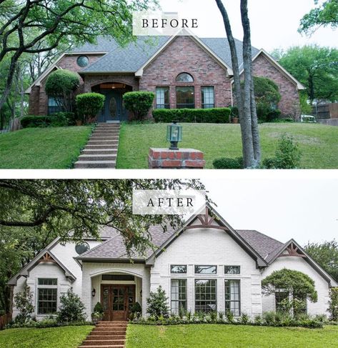 Best House Exterior Renovations By Joanna Gaines; Here are the best before and after reveals on the show Fixer Upper. House Front, Curb Appeal and Home Front. || Southern House, bungalow, brick painted Front Curb Appeal, Best House Exterior, Brick House Exterior, Painted Brick Exteriors, 80s House, Exterior House Renovation, Architecture Renovation, Fixer Upper House, Upper House