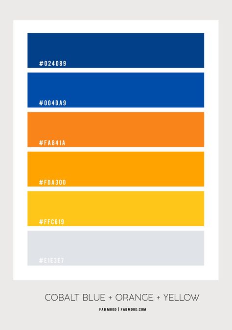 Cobalt Blue, Orange and Yellow Color Scheme – Color Palette #71 1 - Fab Mood | Wedding Colours, Wedding Themes, Wedding colour palettes Colour Palette Yellow Blue, Cobalt Blue Colour Palette, Yellow Color Combo, Yellow And Orange Palette, Cobalt Blue Color Scheme, Cobalt Blue Palette, Cobalt Blue Color Combinations, Bright Orange Color Palette, Blue And Orange Branding