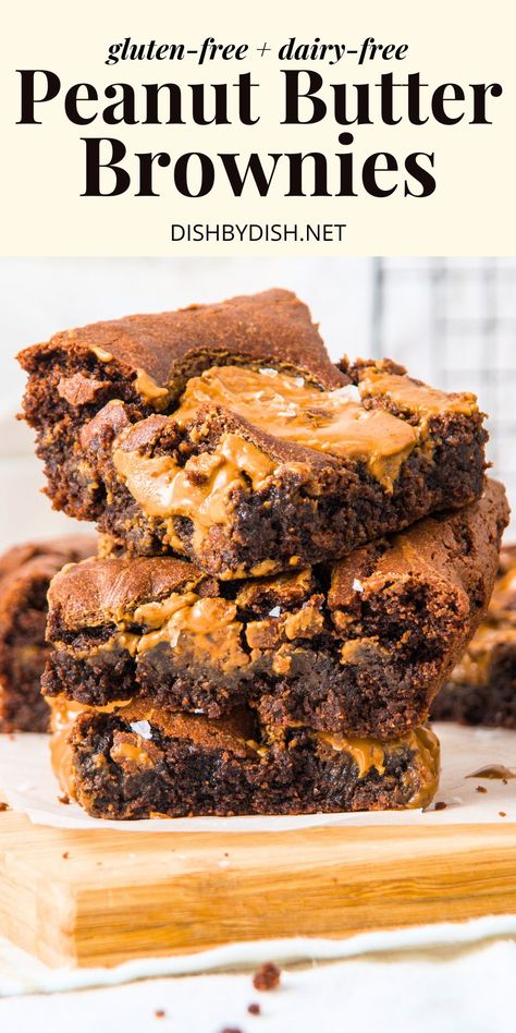 Fudgy and filled with pockets of creamy peanut butter, these gluten-free peanut butter brownies are the perfect treat for peanut butter lovers! Totally dairy-free too. Go bake a batch and indulge today! Gluten Free Cookie Bars, Quick And Easy Sweet Treats, Fancy Desserts Recipes, Butter Brownies, Impressive Desserts, Gluten Free Peanut Butter, Peanut Butter Desserts, Peanut Butter Brownies, Gf Desserts