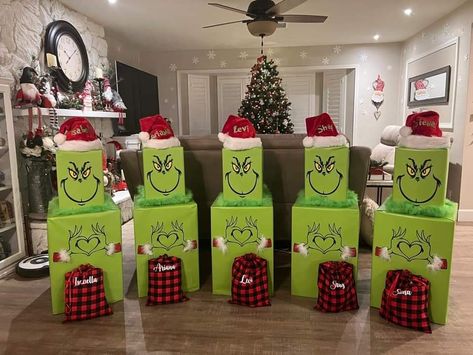 Grinch Christmas Gift Boxes, Grinch Christmas Box Ideas, Grinch Wrapping Paper Ideas, Grinch Boxes Stackable Diy, Grinch Themed Office, The Grinch Christmas Theme, Grinch Christmas Eve Box Ideas, Grinch Christmas Wrapping Ideas, Grinch Box Ideas