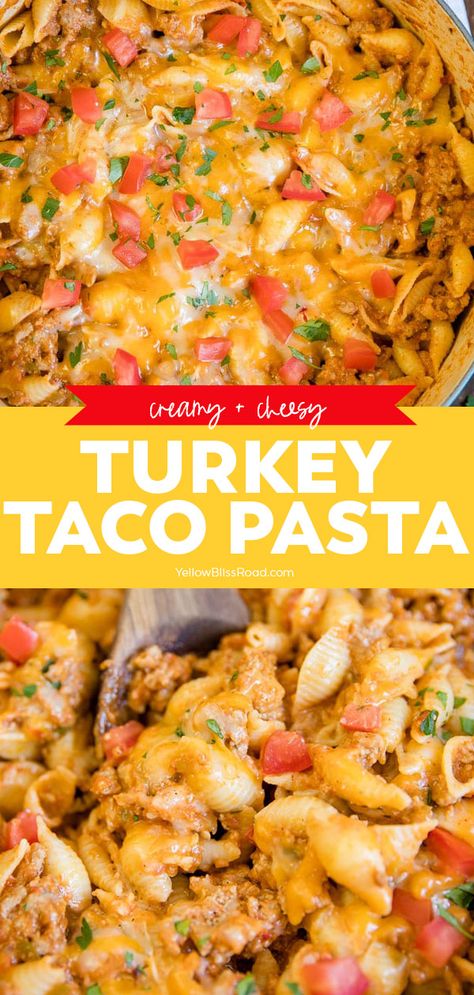 Ground Turkey Taco Pasta is a super creamy and flavor-packed meal made a little lighter with lean ground turkey. This easy meal idea is going to change the way you do taco night! Ground Turkey Taco Pasta, Pasta Ground Turkey, Turkey Taco Pasta, Turkey Recipes For Dinner, Ground Turkey Recipes For Dinner, Ground Turkey Recipes Easy, Mexikansk Mat, Ground Turkey Recipes Healthy, Ground Turkey Tacos