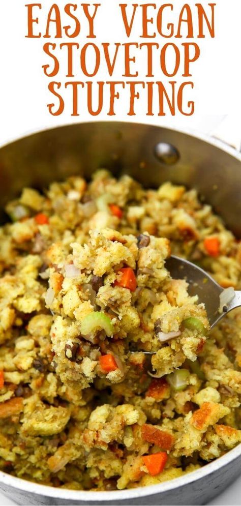 This easy vegan stovetop stuffing is packed with veggies and full of flavor. Perfect for Thanksgiving or holiday dinners or just any old time you want delicious comfort food without much fuss. thehiddenveggies.com Dairy Free Dressing Thanksgiving, Vegan Stuffing Casserole, Vegan Thanksgiving Stuffing Recipes, Stuffing Recipes Vegan, Vegetable Stuffing Thanksgiving, Gluten Free Vegan Stuffing Recipes, Vegan Stuffing Recipe Thanksgiving, Best Vegetarian Stuffing Thanksgiving, Veggie Stuffing Thanksgiving