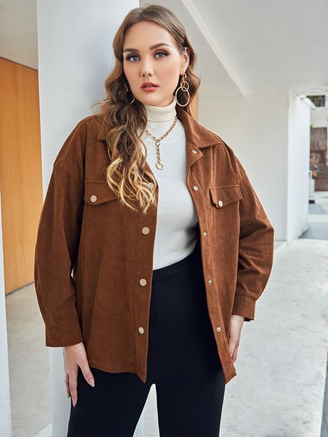 Coffee Brown Casual  Long Sleeve Corduroy Plain Other  Non-Stretch Fall/Winter Plus Size Outerwears Brown Courdory Jacket Outfit, Brown Jean Jacket, Corduroy Blouse, Corduroy Pinafore Dress, Brown Corduroy Jacket, Corduroy Coat, Plus Size Coats, Jacket Outfit, Corduroy Dress