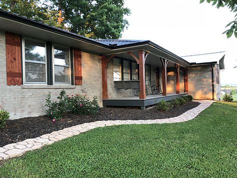 Dave and Brittany’s Rancher Updates | Less Than Perfect Life of Bliss | home, diy, travel, parties, family, faith Brick Ranch Houses, Renovation Exterior, Ranch House Remodel, Ranch House Exterior, Painted Brick House, Exterior House Remodel, Ranch Remodel, Porch Addition, House Redesign