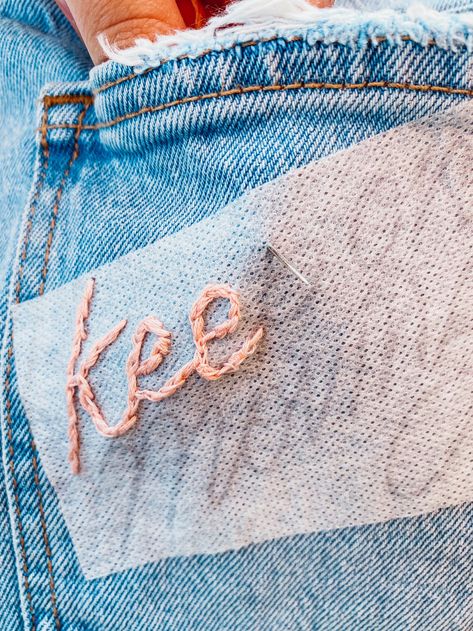 How To Embroider Lettering On Denim By Hand (Without Messing Up) + FREE DOWNLOAD How To Embroider Letters, Hand Embroidery Letters, Embroidery Letters, Hand Embroidery Projects, Embroidery On Clothes, Hand Embroidery Stitches, Embroidered Clothes, Knitting Tutorial, Hand Embroidery Patterns