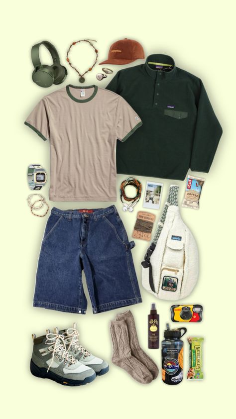 #aestheticoutfit #outfit #outfitinspiration #outfitinspo #hiking #aesthetic #green Hiking Male Outfit, Masc Hiking Outfit, Cute Hiking Aesthetic, Hiking Aesthetic Outfit, Cozy Summer Outfits, Hiking Outfit Men, Granola Outfits, Hiking Outfit Summer, Hiking Style