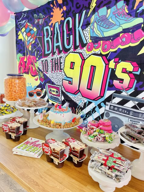 90s Party For Adults, 90s Theme Snacks, 90s Theme 2nd Birthday, 1997 Themed Birthday Party, 90s Goodie Bags, 90s Party Gift Bags, Cool Birthday Themes For Adults, 90s Theme Party Table Decor, Back To The 90s Birthday Party