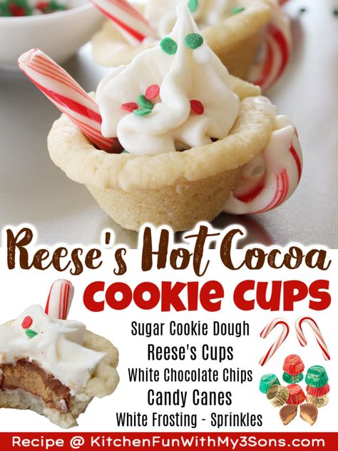 Tis the season to be hungry! Enjoy this Christmas with these amazing Reese's Hot Chocolate Cookie Cups. They are a simple dessert that includes peanut butter cups, cookie dough, white chocolate, candy canes, icing, and sprinkles. Reeses Peanut Butter Cup Recipe, Reese Cup Cookies, Hot Chocolate Cookie Cups, Hot Chocolate Cookie, Chocolate Cookie Cups, Hot Chocolate Cookies Cups, Christmas Finger Foods, Peanut Butter Cups Recipe, Cookie Cups Recipe