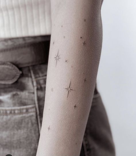 Milky Way Tattoos, Fine Line Galaxy Tattoo, One In A Million Tattoo, Milkyway Tattoos, Star Tattoo Sleeve, Constellation Tattoo Sleeve, Tattoo With Sparkles, Star Cluster Tattoo, Sparkle Tattoos