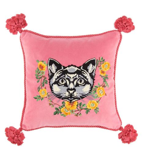 Embroidered Velvet Cushion - Gucci | mytheresa Ruffle Pillow Case, Velvet Accessories, Cat Applique, Antique Cushion, Ruffle Pillow, Cat Embroidery, Cat Cushion, Pink Animals, Luxury Cushions