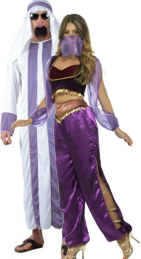 If your looking for Arabian couples fancy dress, then you won't get much better than these Arab Sheik and his Arabian Princess costumes! These great looking fancy dress costumes and are ideal for couples!  If you're looking for something a bit more fun then turn the Princess costume into a belly dancer and you'll keep the Sheik smiling! Belly Dancer Halloween Costume, Arabian Princess Costume, Couples Fancy Dress, Arabian Costume, His Princess, Belly Dancer Costumes, Costumes For Couples, Arabian Dress, Diy Costumes Women