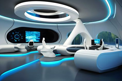 Download the Modern sci-fi futuristic interior office design. Futuristic conference room interior. Workplace and corporate concept. Generative AI illustration 24564871 royalty-free Stock Photo from Vecteezy for your project and explore over a million other images and backgrounds. Sci-fi Office, Sci-fi Room, Sci Fi Table, Futuristic Salon, Space Photo Booth, Futuristic Room Design, Futuristic Office Interior, Sci Fi Office, Futuristic House Interior