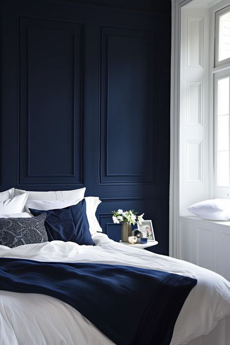 25 Blue Bedroom Ideas for a Calming Haven Dark Blue Bedroom Walls, Blue Velvet Headboard, Navy Blue Rooms, Dark Blue Rooms, Navy Bedrooms, Dark Blue Bedrooms, Blue Bedroom Walls, Navy Blue Bedrooms, Blue Bedroom Ideas