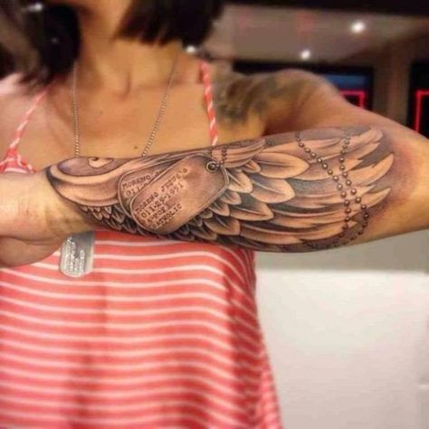 Dog Tags Tattoo For Women, Angel Wings Tattoo Forearm, Dog Tags Tattoo, Alas Tattoo, Tattoo 2024, Army Tattoos, Wing Tattoo Designs, Military Tattoos, Angel Wings Tattoo