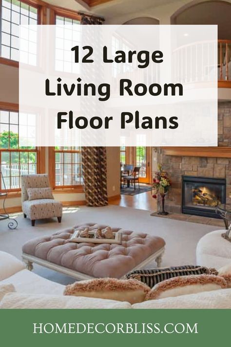 12 Large Living Room Floor Plans You Need To See Large Farmhouse Living Room Layout, Furnishing Large Living Room, Large Open Plan Living Space, Living Room Inspiration Large Sectional, Furnish Large Living Room, Hexagon Shaped Room, Living Room Furniture Groupings, Decorating Big Living Room, Extra Large Living Room Ideas