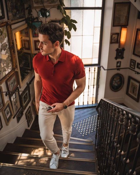 MEN ABOUT FASHION on Instagram: “Walking upstairs in style! What do you think about red polo fit? 👌🏻 ⁣ ⁣ ⁣ ⁣ ⁣ ⁣ ⁣ ⁣ ⁣ ⁣ ⁣ ⁣ ⁣ ⁣ ⁣ ⁣ ⁣ ⁣ ⁣ #mensstreetstyle #absolutebespoke…” Men’s Red Shirt Outfit, Red Polo Shirt Outfit Men Aesthetic, Maroon Polo Outfit Men, Polo Fits For Men, Summer Polo Outfits Men, Red Shirt Outfit Men Casual, Polo Tshirt Men Outfit Casual, Red Tshirt Outfit Mens, Outfit Polo Hombre