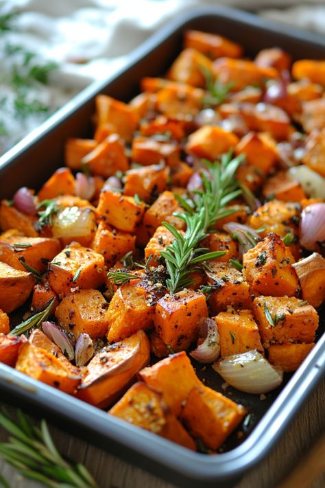 Roasted sweet potato cubes with herbs and onions on a baking sheet. Side Dish Sweet Potato, Sweet Potato Banana Casserole, Sweet Potato Entree, Savoury Sweet Potato Recipes, Low Cholesterol Sweet Potato Recipes, Microwave Sweet Potato Recipes, Sweet Potato Hash Breakfast, Salmon Sweet Potato Recipes, Potato Meal Ideas