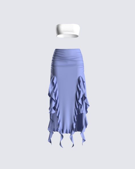 Get ready to own the streets like a runway, because this 2 piece set will turn every sidewalk into your personal catwalk 😜 Feautring a white jersey bandeau top and blue ruffle maxi skirt. Simple, cute, and a whole moment 💙 Maxi Two Piece Set, Chiffon Ruffle Skirt, Blue Top And Skirt, Blue Skirt Set, Two Piece Outfits Skirt, Cute Two Piece Outfits, Cute 2 Piece Outfits, Top With Skirt, Ruffles Top