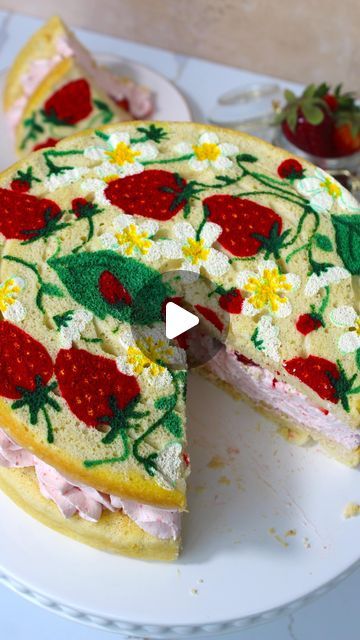 Decorated Sponge Cake, Cake Frosting Tips, Strawberry Cake Decorations, Sponge Cake Decoration, Strawberry Sponge Cake, Specialty Cupcakes, Sheet Cake Designs, Sponge Cake Recipe, Patterned Cake