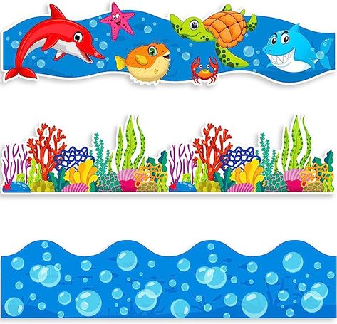 60 pieces of spring bulletin boarder stickers in 3 different patterns, enough quantity and rich styles to decorate your classroom bulletin board, DIY projects, decorations and other usages Boarders For Bulletin Boards, Ocean Bulletin Board, Summer Bulletin Board, Classroom Borders, Summer Bulletin Boards, Ocean Theme Classroom, Ocean Style, Bulletin Board Borders, Murals For Kids