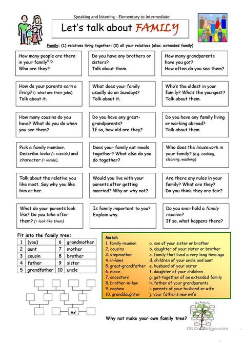 Speaking Activities English, Family Worksheet, Esl Teaching Resources, English Teaching Materials, Conversation Cards, Kindergarten Lesson Plans, Speaking Activities, Conversational English, Kindergarten Lessons