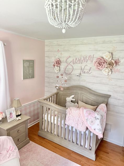 Grey Crib Nursery, Shiplap Wallpaper, Gray Nursery Girl, Pink Baby Nursery, Pink Baby Room, Rustic Baby Nurseries