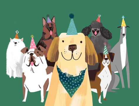 Dog Party Hat, Birthday Illustration, Group Of Dogs, 강아지 그림, Dog Projects, Dog Party, Dog Wear, Dog Illustration, Dog Drawing