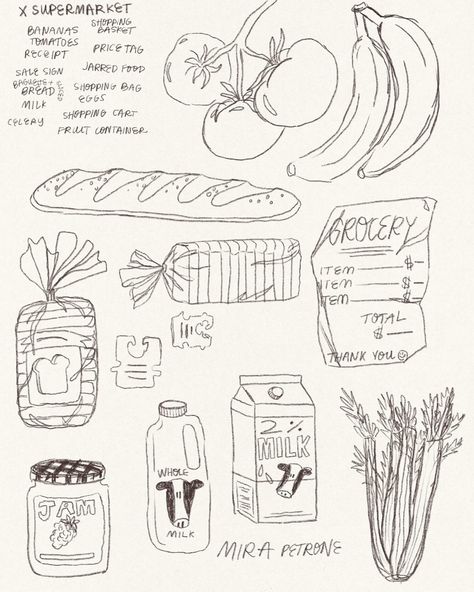 i've been feeling so burnt out from social media lately, but i have been practicing some drawing, working on my style, and particularly, taking a skillshare class with @mrtomfroese . here are some sketches from a project 🍎🍇🛒 Daily Life Sketches, Vintage Style Drawing, Working Out Drawing, Market Drawing Sketches, Food To Draw, All About Me Drawing, Object Doodles, Social Media Journal, Planner Illustrations