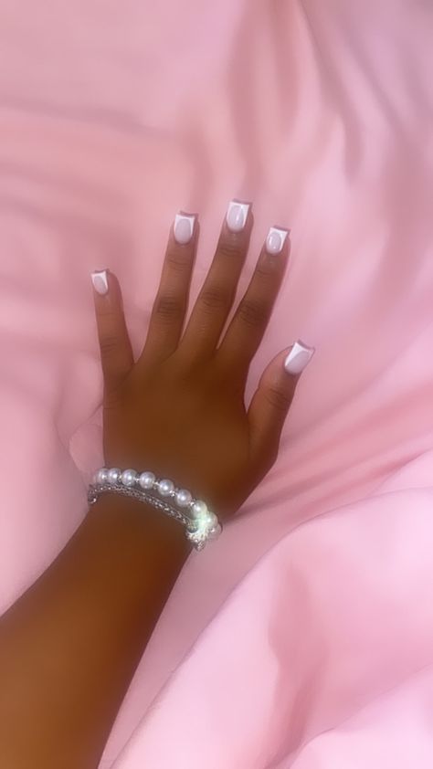 Nails, french tip , black women french tip , short sets Short French Nails Black Women, Shirt French Tip Acrylic Nails, Pink Bottoms Nails, Cute Nail Ideas French Tips, Short Deep French Nails, Short White French Tip Acrylic Nails, Glitter French Tips Short, French Nails Black Women, Really Short French Tip Nails