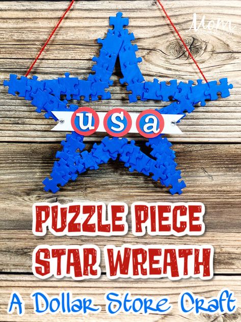 Puzzle Piece Star Wreath #craft #dollarstorecraft #diy Puzzle Pieces Crafts, Star Shaped Wreath, Jigsaw Puzzle Crafts, Stellar Vbs, Boys Crafts, Puzzle Piece Crafts, Library Crafts, Star Wreath, Puzzle Crafts