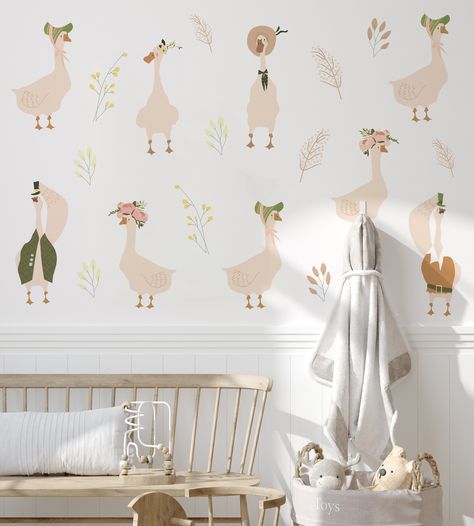 ● Welcome to Cheerful Walls, where whimsical geese bring a touch of nature and playfulness to your nursery. My Goose Nursery Wall Decals are the perfect addition to create a cozy and adorable space for your little one. ● Key Features: ◯ Quirky Farmhouse Charm: These geese wall stickers add a delightful farmhouse touch to your baby's room, making it a unique and charming space. ◯ Peel and Stick Convenience: Easy application and repositioning make decorating a breeze. No need for glue or complicat Mother Goose Nursery Decor, Goose Baby Nursery, Silly Goose Nursery, Goose Nursery Theme, Goose Themed Nursery, Bird Nursery Theme, Quirky Farmhouse, Goose Wallpaper, Unique Nursery Themes