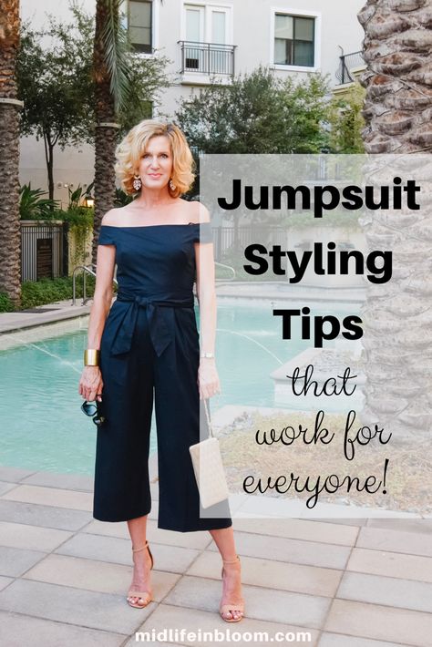 5 jumpsuit styling tips that work for everyone from Lisa at Midlifeinbloom.com Shoes For Wide Leg Jumpsuit, What To Wear With Jumpsuit Outfit, Flattering Jumpsuits For Women, Womens Jumpsuits Casual Classy, How To Style A Jumpsuit Casual Summer, Hair Styles With Jumpsuit, Accessorize Jumpsuit, Shoes To Wear With Jumpsuit Dressy, Work Jumpsuits For Women