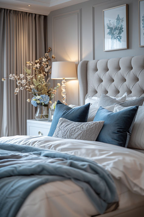 modern luxury bedroom,  modern bedroom, bedroom inspo, bedroom ideas, modern luxury home decor Light Blue Curtains Bedroom Ideas, Blue And White And Gold Bedroom, Baby Blue Bedroom Ideas, Chic Modern Bedroom, Modern Luxury Bedroom Decor, French Blue Bedroom, Elegant Bedroom Ideas, Baby Blue Bedrooms, Modern Luxury Bedroom Design