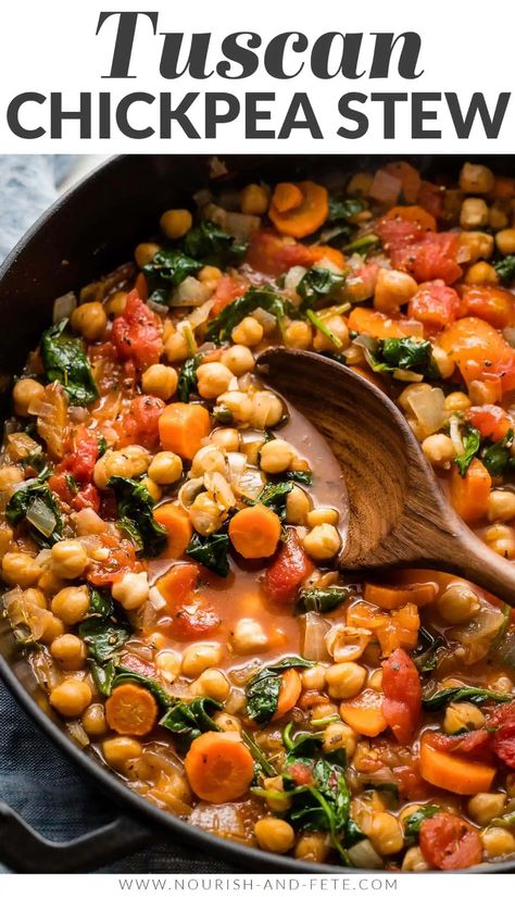 With simple ingredients and bright flavors, this easy Tuscan chickpea stew is a healthy and delicious meatless meal made in about 30 minutes! Meatless Stew Recipes, Meatless Dinners Crockpot, Mediterranean Chickpea Stew, Meatless Healthy Meals, Rastafarian Food Recipes, Chickpea Soup Vegan, Chickpea Stew Recipes, Meatless Crockpot Meals, Healthy Meatless Dinners