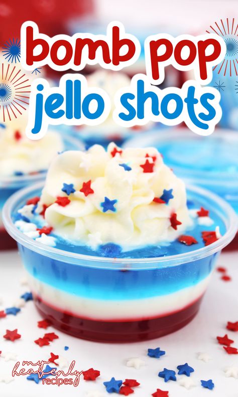 Bomb Pop Jello Shots Recipes, Red White And Blue Jello Shots, Jello Shots Blue, Alcoholic Jello Shots, 4th Of July Jello Shots, 4th Of July Jello, Red White And Blue Jello, Blue Jello Shots, Jello Shooters