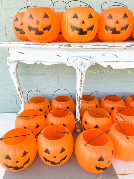 Plastic Pumpkin Outdoor Decor, Jack O Lantern Candy Bucket, Diy Halloween Decorations With Pumpkin Buckets, Hanging Pumpkin Decor, Spooky Halloween Decorations Outdoor Porches, Hanging Fall Decorations Outdoor, Light Up Halloween Buckets Diy, Pumpkin Trick Or Treat Bucket Decor, Diy Hanging Pumpkin Lanterns