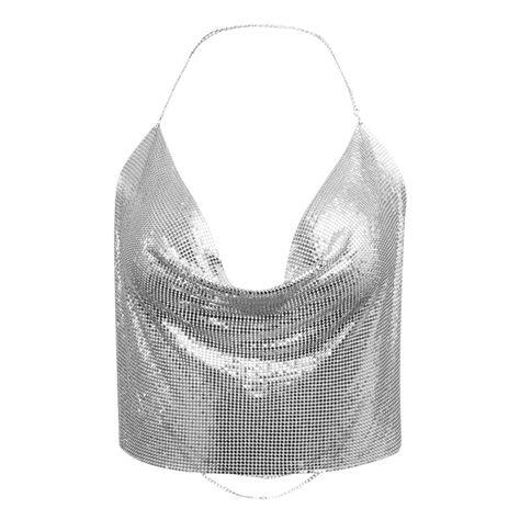 PRICES MAY VARY. ⭐️Deep V metal mesh top is made of metal sequins. The size can be adjusted according to the chain of the clothes, so that it can better fit its body. ⭐️Silver top have a glittering effect on you, and it will be more dazzling under the illumination of different colors. ⭐️ The metallic sequin glitter vest will make this one of your favorite tops.Top is short and above belly very sexy. ⭐️It fits many different occasions, you could wear it when you're in night club party, dance part Glitter Tops Outfit, Chainmail Top, Silver Sequin Top, Backless Halter Top, Glitter Top, Backless Top, Concert Fits, Metal Straps, Silver Tops