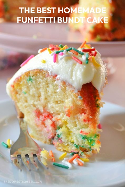 This Homemade Funfetti Bundt Cake is SUPER simple to make and tastes like the nostalgic bakery cakes you love! Birthday Cake Bundt Cake, Funfetti Bundt Cake, Bunt Cake Recipe, Cake Batter Cookies, Nothing Bundt, Nothing Bundt Cakes, Bundt Cake Recipe, Confetti Cake, Funfetti Cake