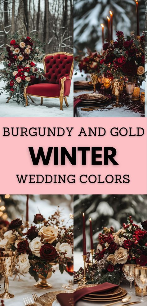 Create a stunning winter wedding color palette with burgundy and gold. Perfect for elegant decor and chic themes, this combination works beautifully for urban or vintage weddings in New York or Los Angeles. Get decor ideas, themes, and planning tips to make your big day magical. Save this inspiration and visit our site for more unique ideas. Burgundy Wedding Themes, Blush Burgundy Gold Wedding, Crimson And Cream Wedding, White Gold And Burgundy Wedding, Burgundy And Gold Wedding Decorations, Moody Christmas Wedding, Color Palette With Burgundy, Christmas Wedding Color Palette, Burgundy And Champagne Wedding