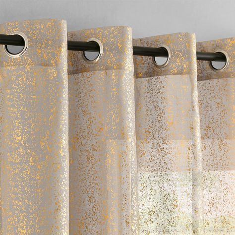 PRICES MAY VARY. Well Made: Sold as pair, including 2 metallic gold grey sheer curtains - Panel measures: 52" x 95"; Set measures: 104" x 95". Each panel features rust-free silver grommets top (which can fit up to 1 1/4" curtain rods/poles), constructed with header height: 4", bottom hem: 2". Easy for hanging and open. Privacy and Airy: Our sparkle gold grey sheer curtains are made from premium soft voile fabric with metallic foil glitter spots. They add a touch of glamour to your windows while Accent Curtains Living Room, Glam Curtains Living Room, Brown And Gold Decor, Grey And Gold Living Room Decor, Living Room Sheer Curtain Ideas, Gold And Gray Living Room, Green And Gold Curtains, Dining Room Curtains Modern, Gold And Silver Living Room