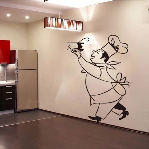 Vinyl Wall Decals Sticker Mural | Wall Sticker Kitchen Chef | Chef Decorations Kitchen - Wall Stickers - Aliexpress Wall Drawing Ideas, Mural Cafe, Creative Wall Painting, Cafe Wall Art, Food Wall Art, Diy Wall Painting, Kitchen Wall Stickers, Kitchen Decor Wall Art, Wall Painting Decor